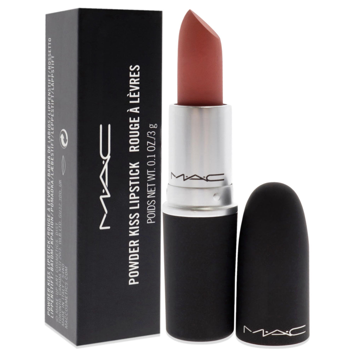 MAC Powder Kiss swatch on arm showing powder-matte texture benefit: easy blendability