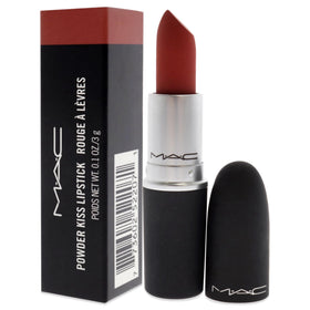 MAC Powder Kiss on model in everyday outfit showing wearable terracotta-red