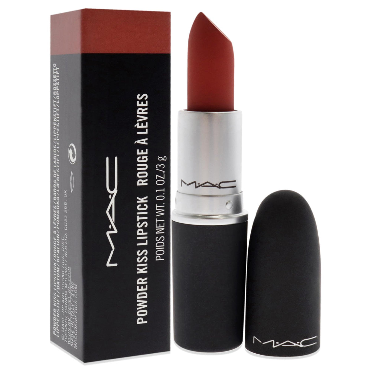 MAC Powder Kiss texture swatch of Devoted To Chili showing soft-focus finish