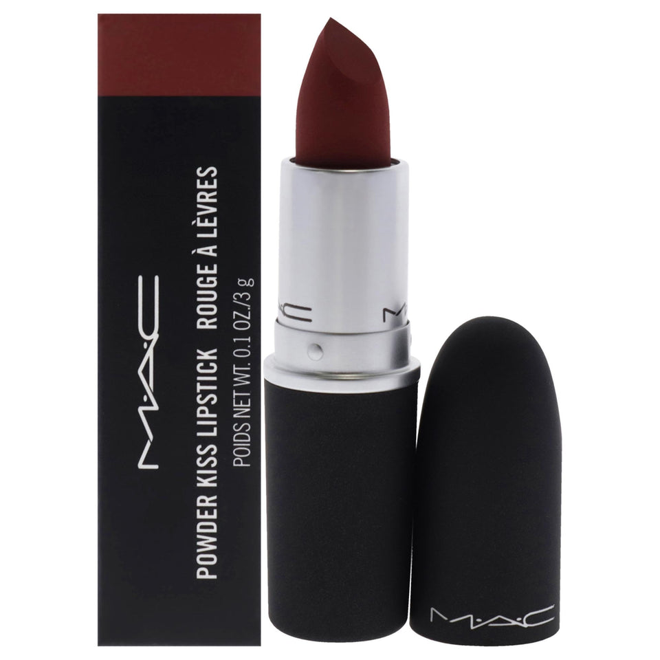 MAC Powder Kiss lipstick front packaging showing Dubonnet Buzz and shade name