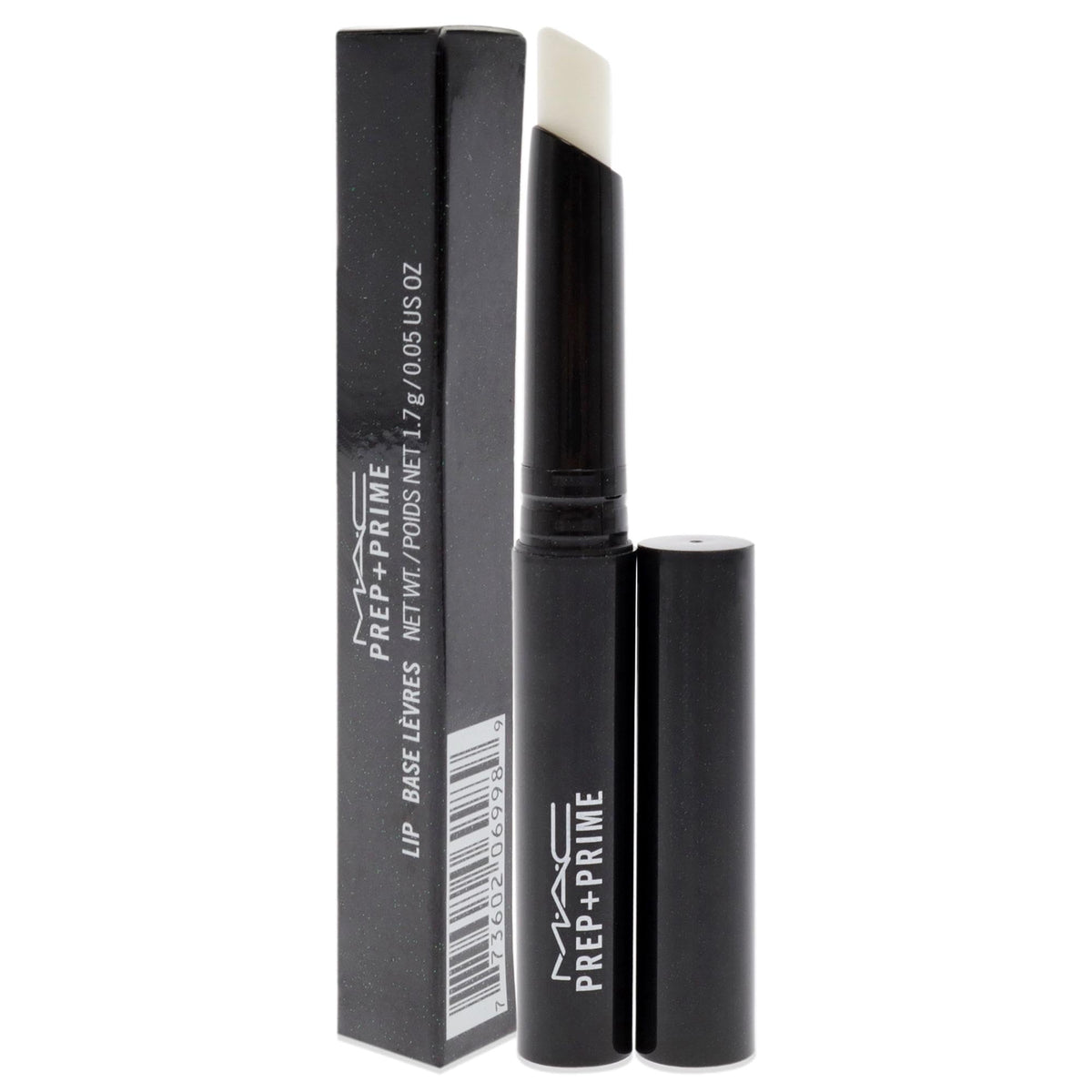MAC prep + prime lip next to a lipstick for scale showing compact travel-friendly size