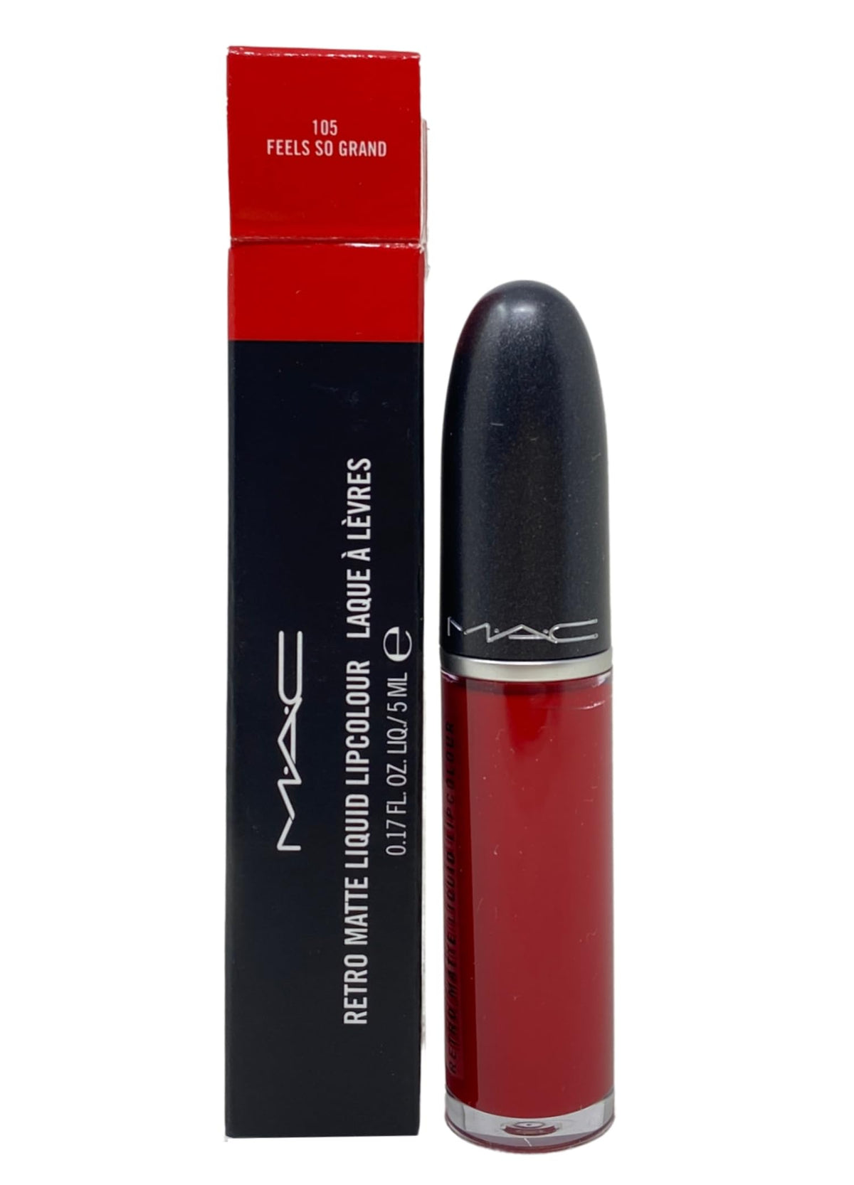 MAC Retro Matte lipcolour front packaging showing deep true red shade and tube branding for bold color