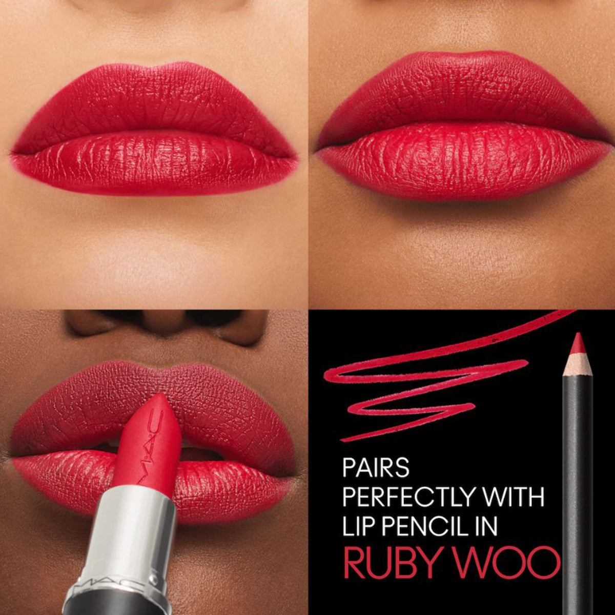 MAC Macximal Ruby Woo texture swipe on arm showing pigment payoff and satin-matte benefit color intensity