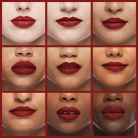 MAC Russian Red applied on lips demonstrating defined, no-shine matte look
