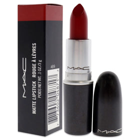 MAC Russian Red cap and base label detail showing product name and brand