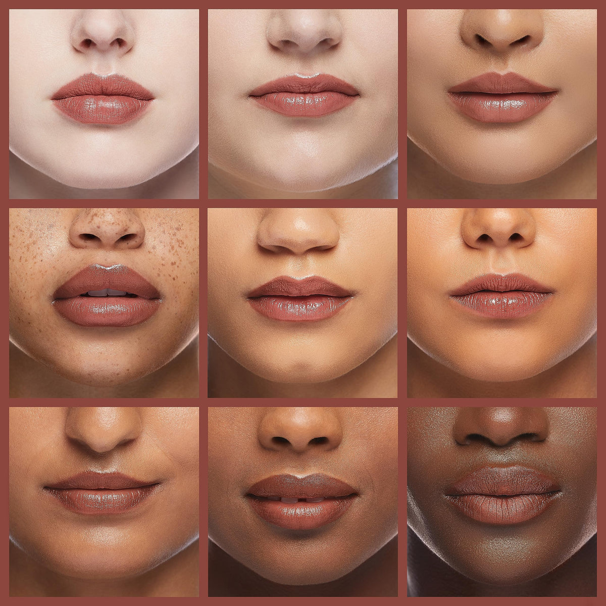 MAC gloss on lips lifestyle shot displaying warm brown tint and fuller-looking shine