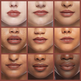 MAC gloss on lips lifestyle shot displaying warm brown tint and fuller-looking shine