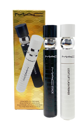 M·A·C stacked duo front packaging showing tubes and branding, promotes long-wear benefit
