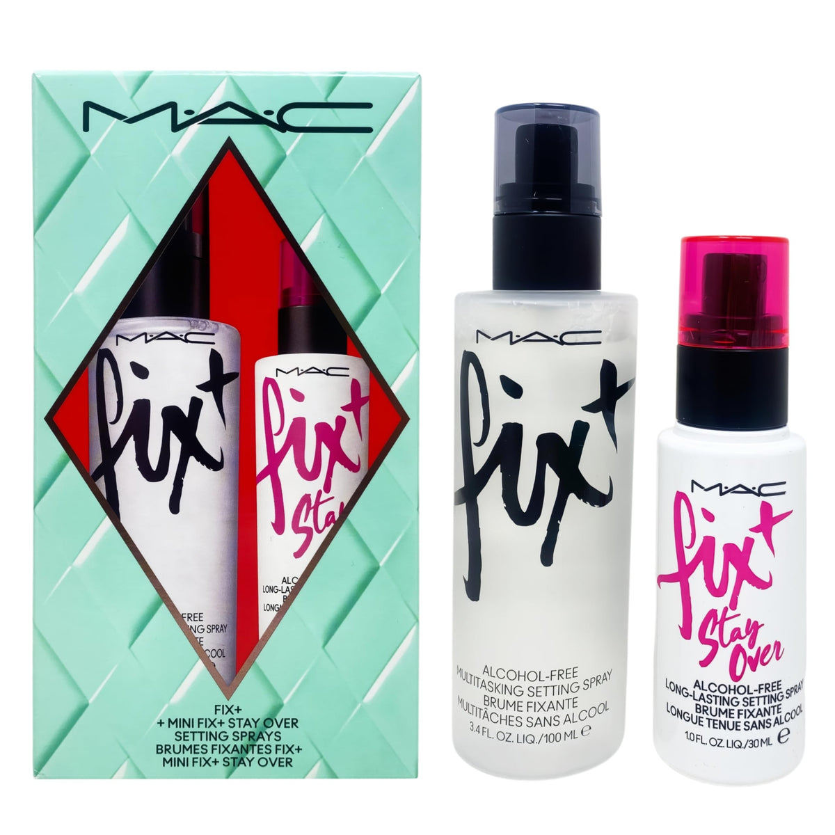 M·A·C front view of gift set packaging showing both sprays and festive box, ideal present