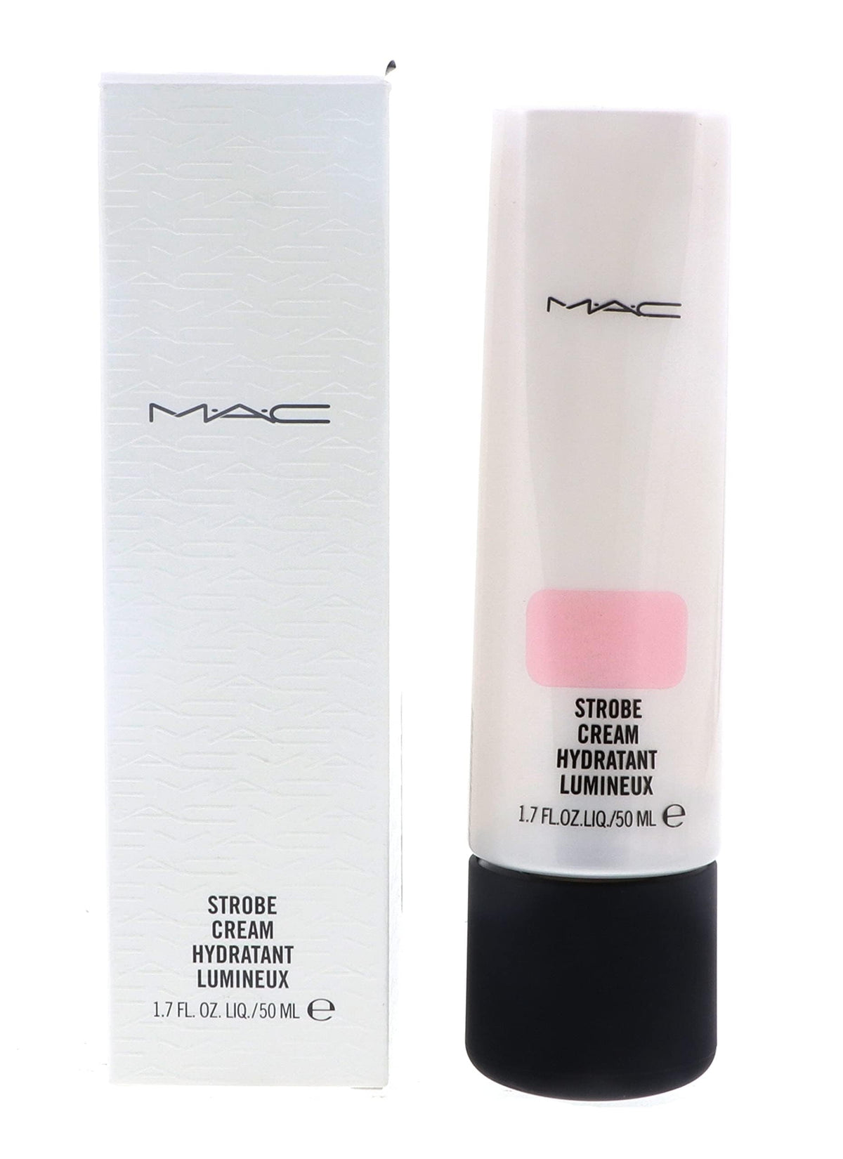 MAC Strobe Cream beside a makeup bag illustrating travel-friendly glow booster