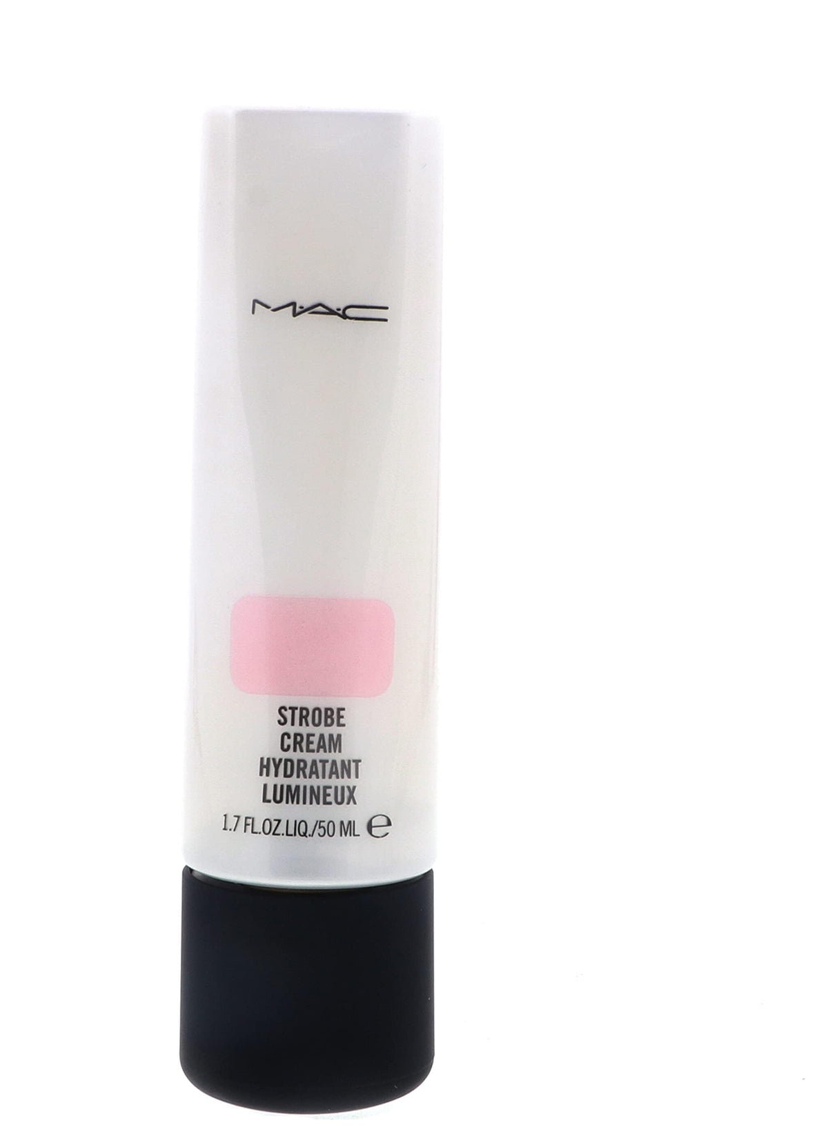 MAC Strobe Cream next to a 1.7 oz label showing size and portable convenience