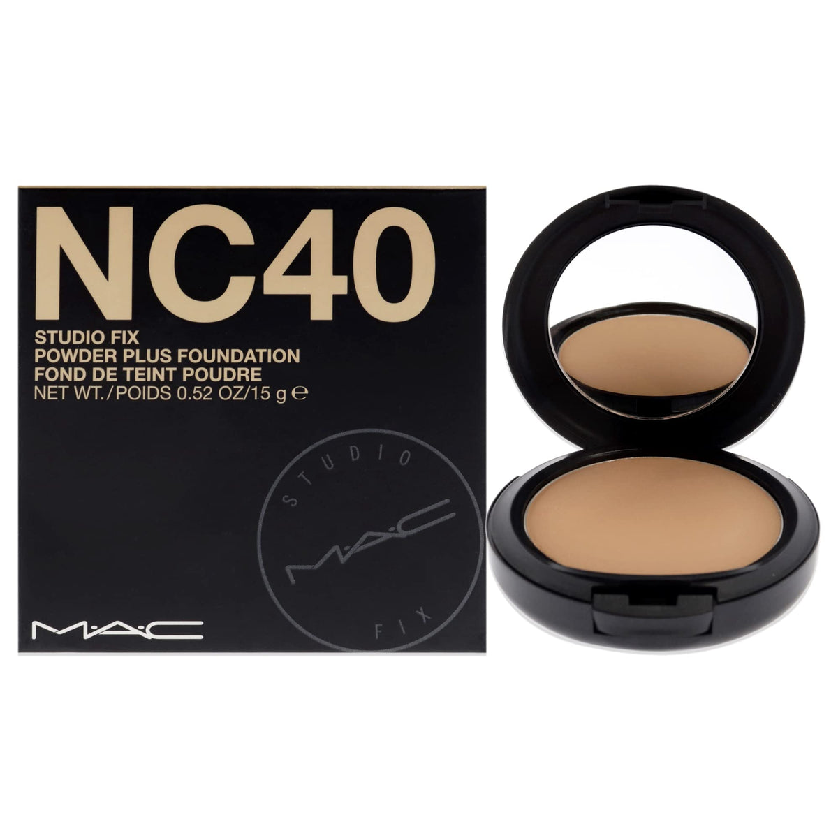 MAC Studio Fix compact front view showing slim casing and shade label NC40 for portable coverage