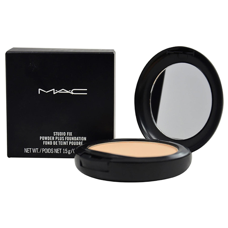 MAC compact front view showing pan and mirror for convenient full-coverage touchups
