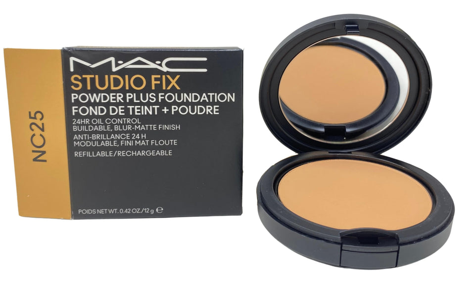 M·A·C Studio Fix compact front view showing shade NC25 and compact design for easy touch-ups