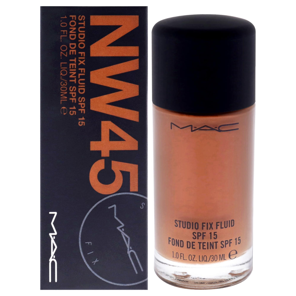 MAC front packaging bottle showing shade NW45 and benefits of even coverage