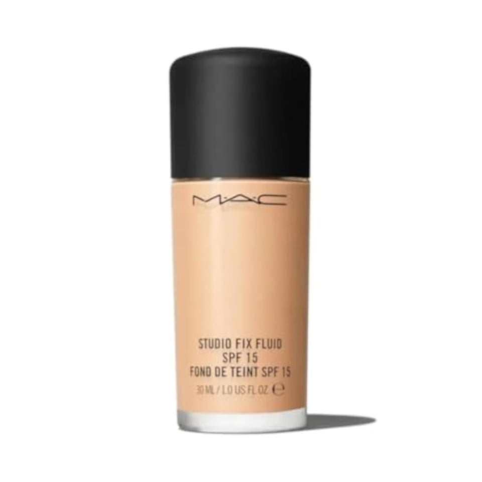 MAC Studio Fix Fluid front packaging showing bottle and shade NC25 benefits even application