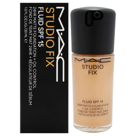 MAC Studio Fix Fluid front bottle view showing shade NC40 and benefits