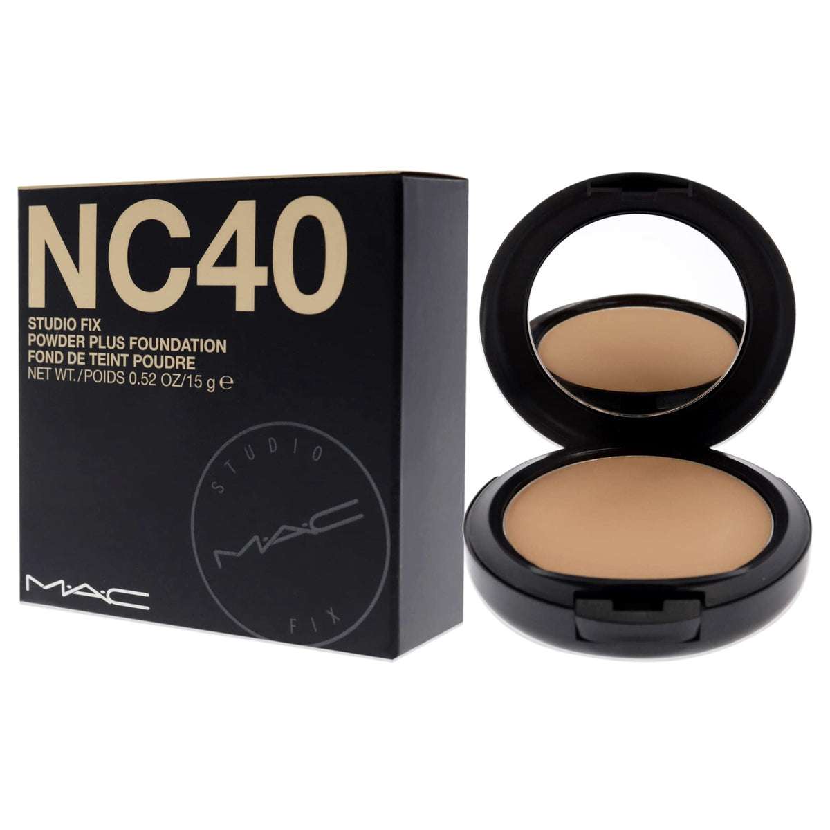 Lifestyle shot of hand holding MAC Studio Fix NC40 compact showing travel-friendly convenience