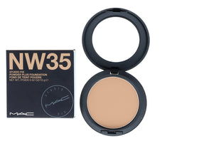 MAC model wearing Studio Fix NW35 showing matte finish and smooth complexion