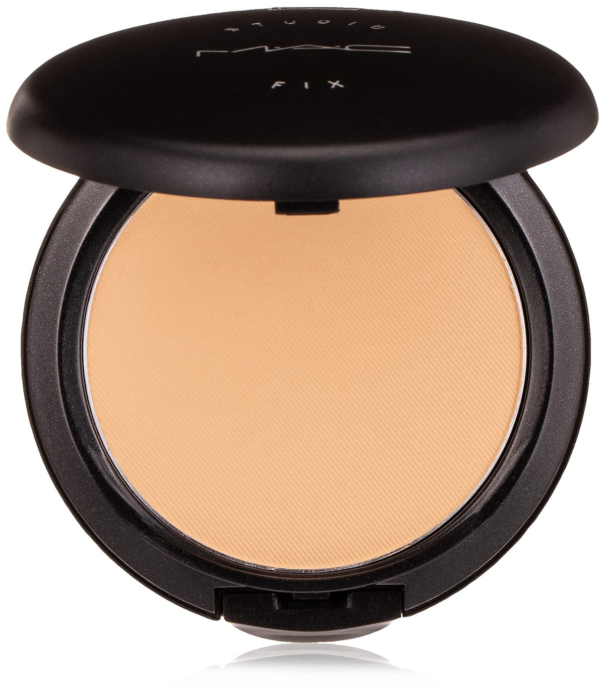 MAC Studio Fix compact front view showing NC25 shade and travel-friendly benefit