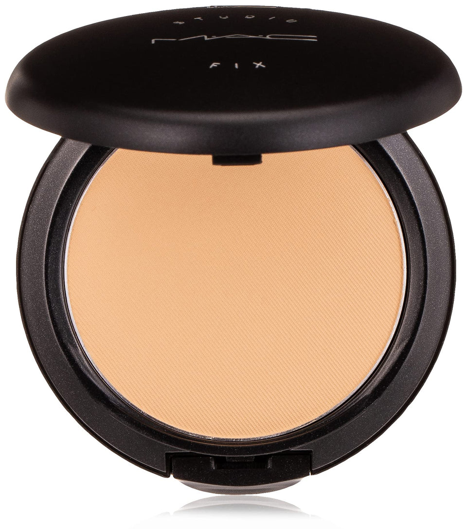 MAC Studio Fix compact front view showing NC25 shade and travel-friendly benefit