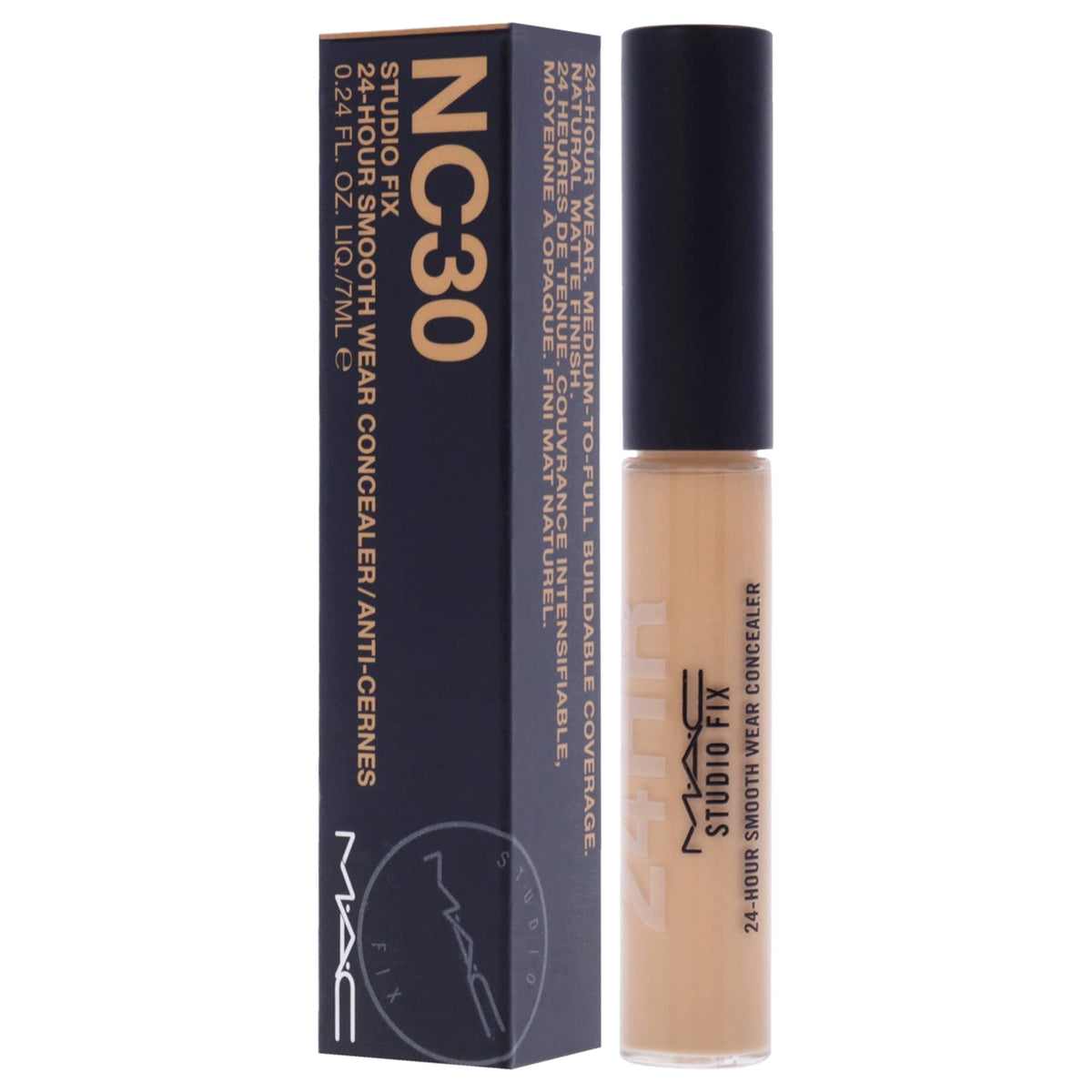 MAC concealer NC30 held in hand showing compact 0.24 oz size for travel convenience