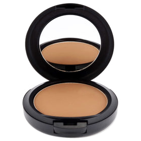 MAC pressed powder texture close-up highlighting smooth matte finish and pore-blurring look
