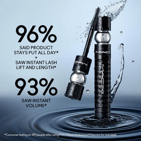 MAC closed tube label displaying product name and waterproof benefit for shopper trust