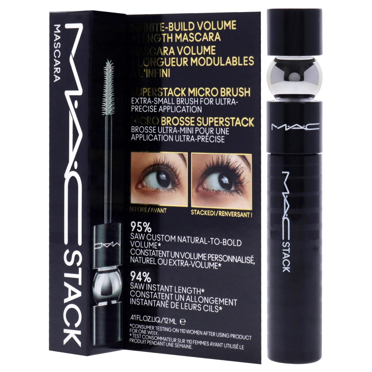 MAC Superstack applied on model lashes demonstrating layered volume and length benefit