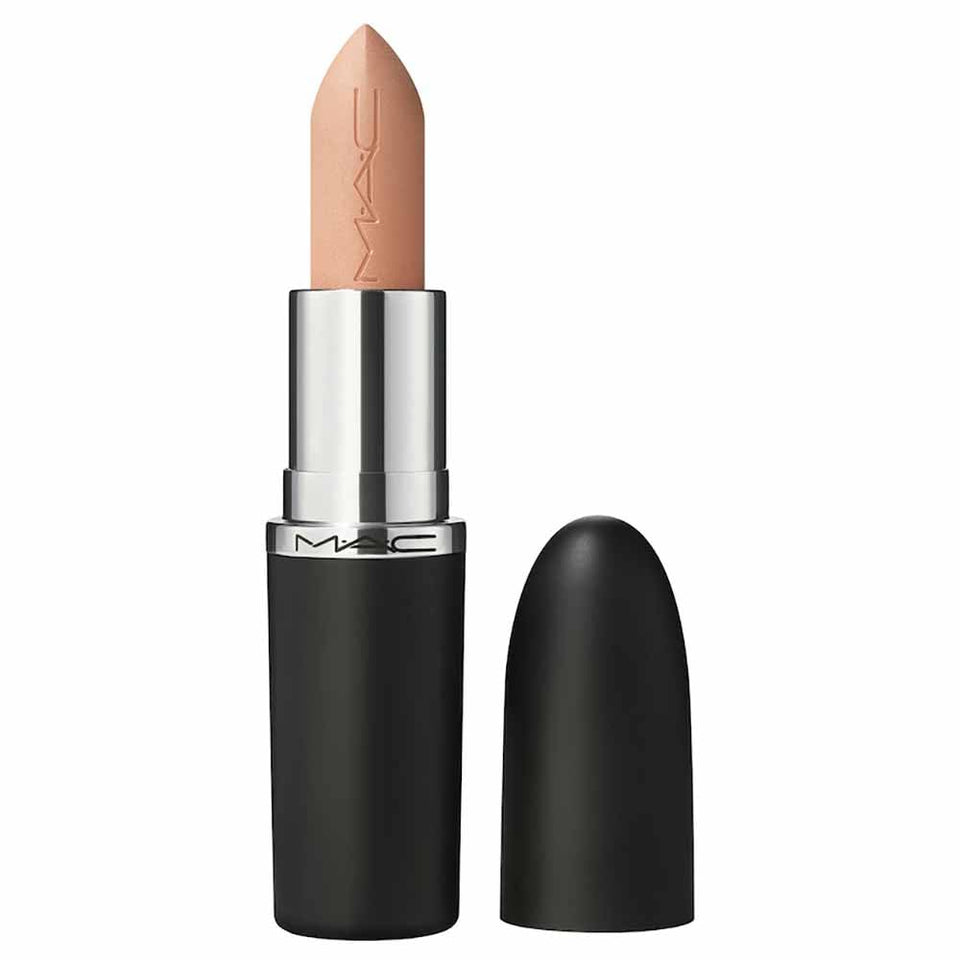 MAC Ximal lipstick front view showing warm nude shade and sleek packaging benefit longwear
