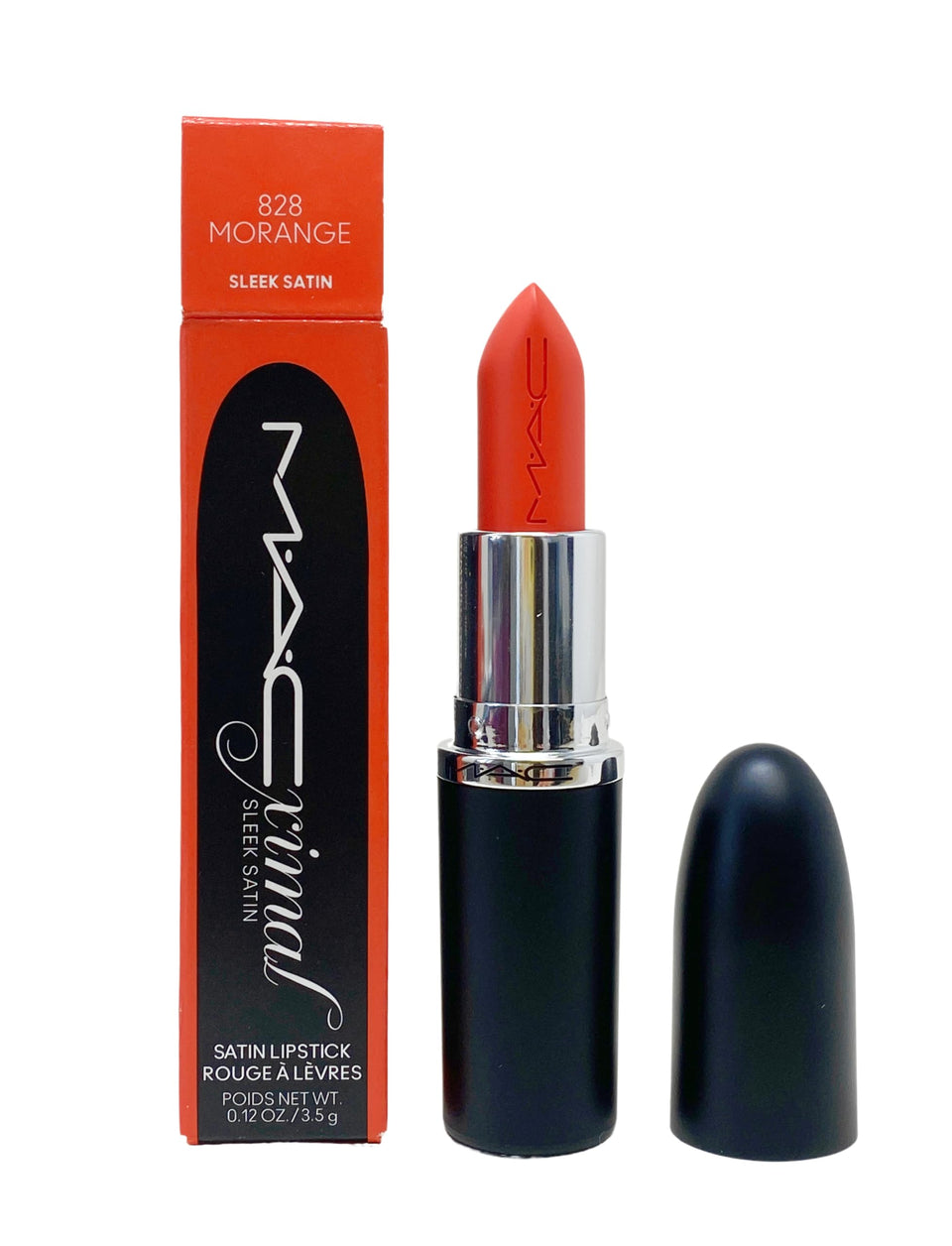 MAC Ximal sleek satin lipstick front shot showing bright orange shade and packaging benefit bold color