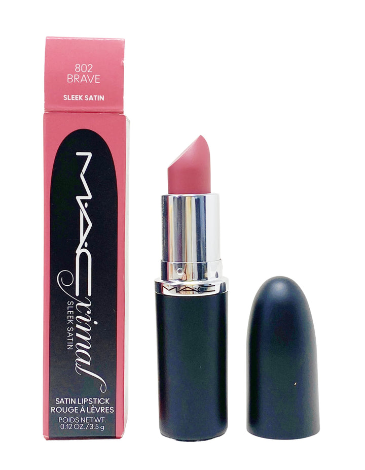 MAC front packaging showing bold 802 Brave shade and compact size benefit