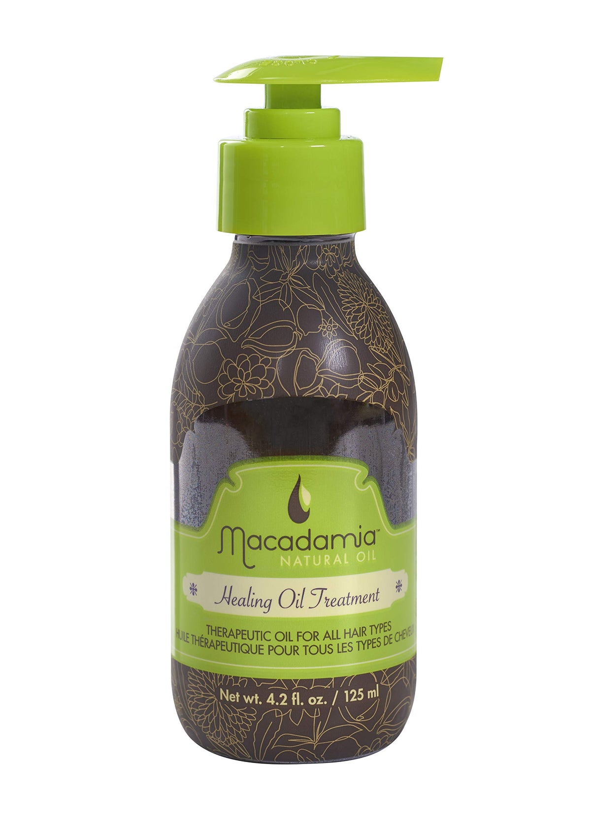 Macadamia Natural Oil glass bottle front view showing label and lightweight benefits