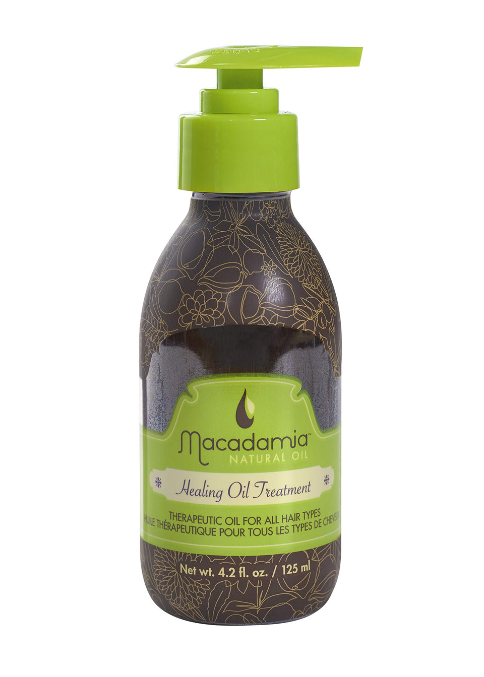 Macadamia Natural Oil glass bottle front view showing label and lightweight benefits