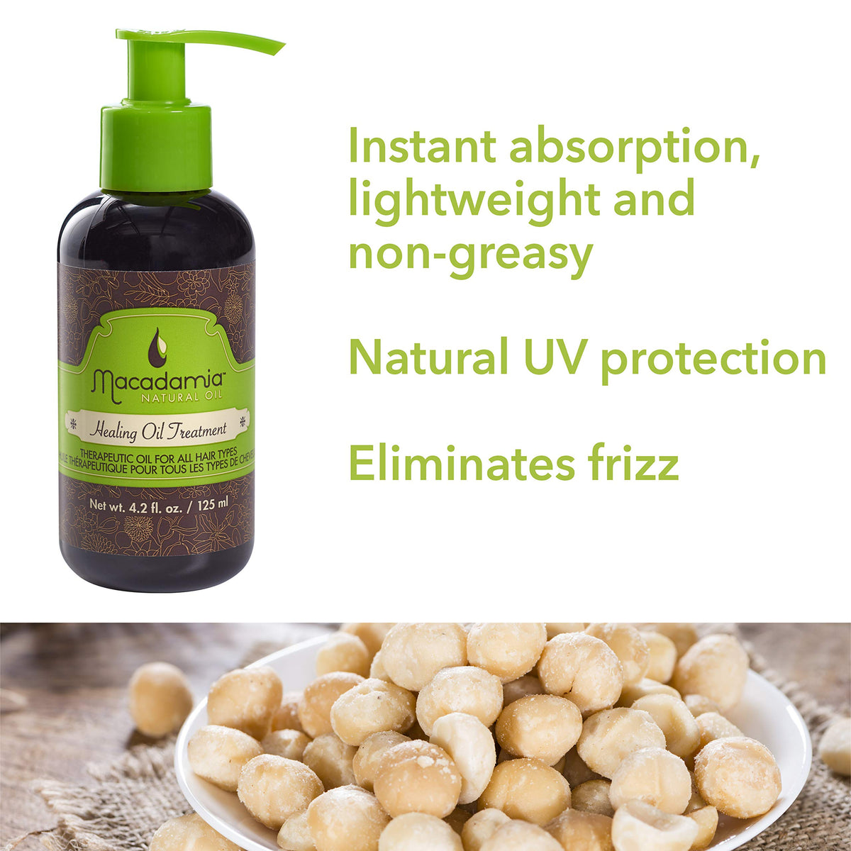 Macadamia Natural Oil droplet texture demonstrating lightweight, non-greasy absorption into hair