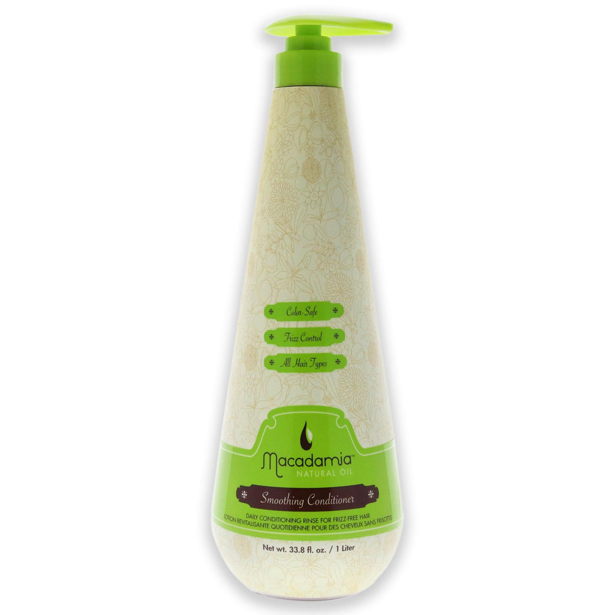Macadamia Natural Oil front bottle view showing label and pump, highlights easy dispensing