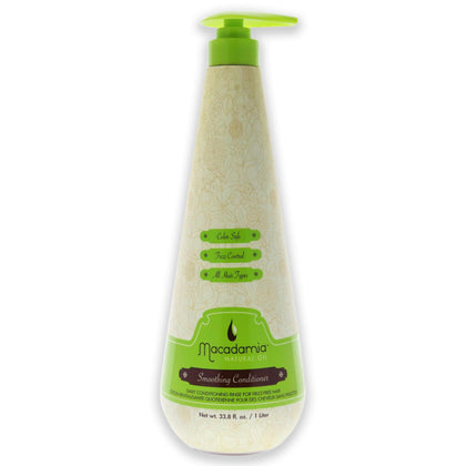 Macadamia Natural Oil front bottle view showing label and pump, highlights easy dispensing