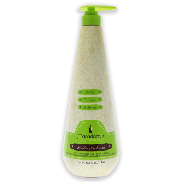 Macadamia Natural Oil front bottle view showing label and pump, highlights easy dispensing