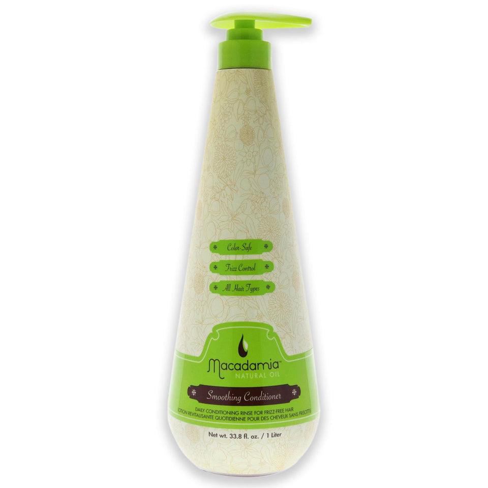 Macadamia Natural Oil front bottle view showing label and pump, highlights easy dispensing