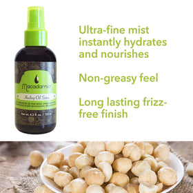Macadamia Natural Oil spray applied to damp hair for smoothing and shine
