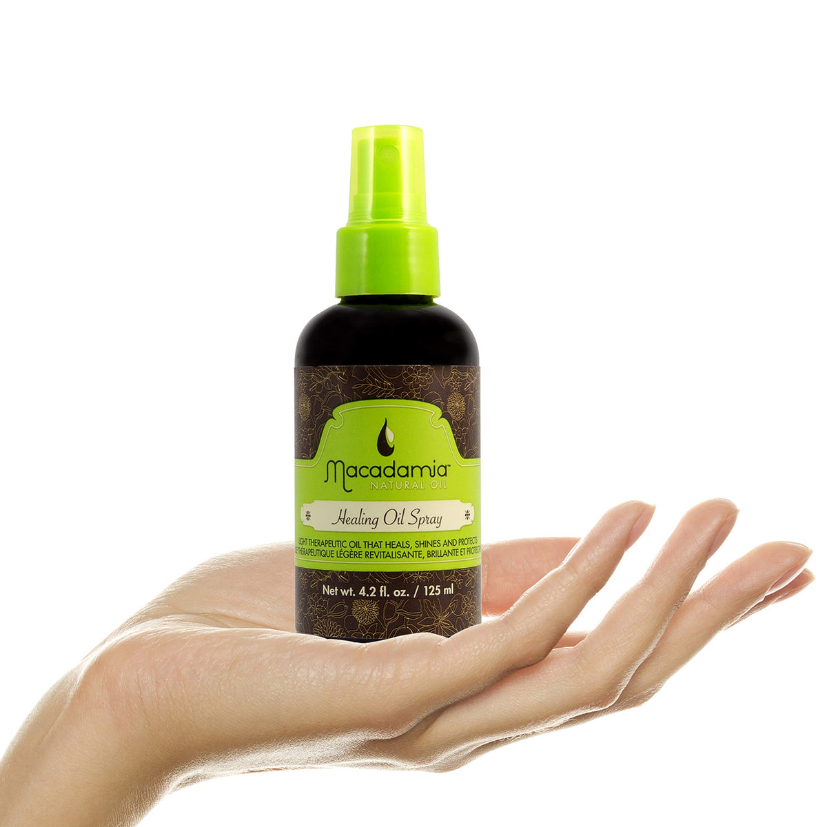 Macadamia Natural Oil bottle staged on a vanity conveying everyday styling convenience