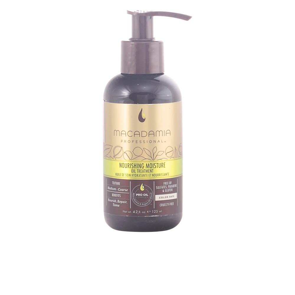 Macadamia Professional bottle front packaging showing clear oil and label for smoothing benefits