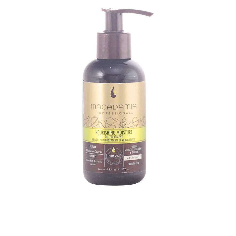 Macadamia Professional bottle front packaging showing clear oil and label for smoothing benefits