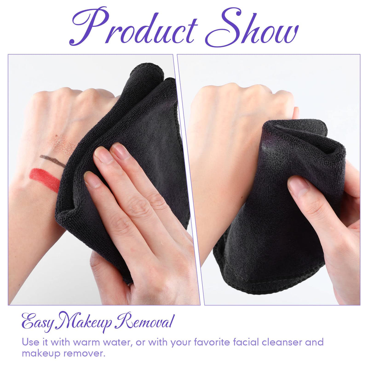 Macarrie towel held in hand demonstrating 12x12 inch size and convenient portability