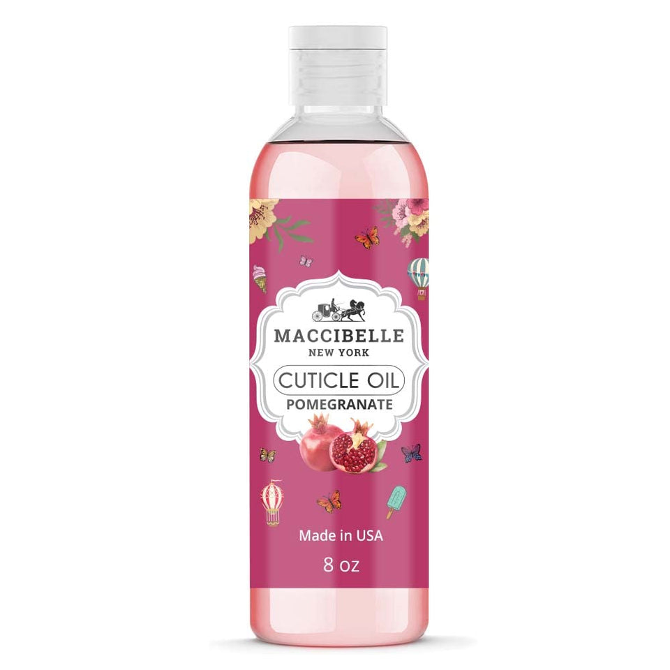 Maccibelle cuticle oil refill front packaging showing large 8 oz bottle and easy-pour cap for economical hydration