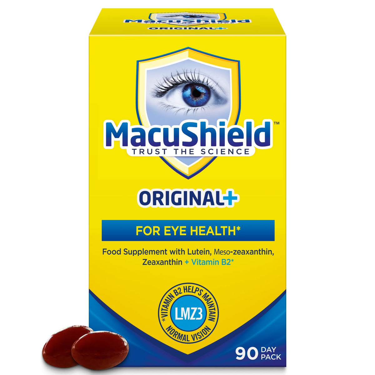 MacuShield front pack showing CONFETTIWOW 90 capsules and clear branding benefit convenience
