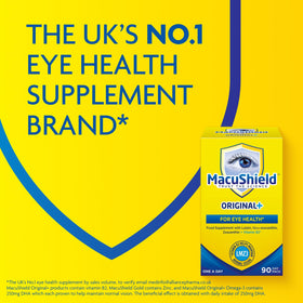 MacuShield bottle beside breakfast showing capsule taken with meal for absorption benefit