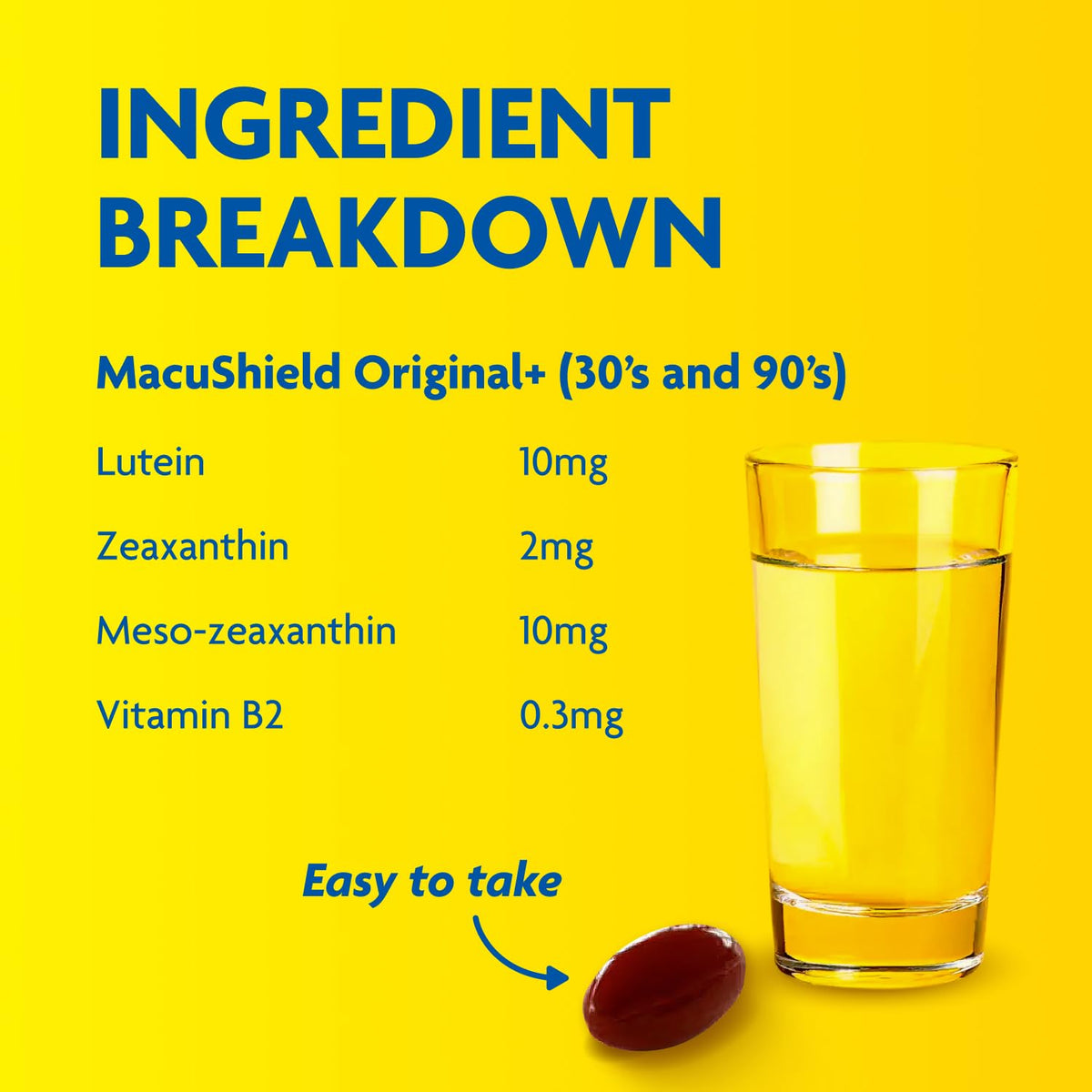 MacuShield nutrition label and dosage panel illustrating ingredient transparency and dosing benefit
