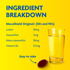 MacuShield nutrition label and dosage panel illustrating ingredient transparency and dosing benefit
