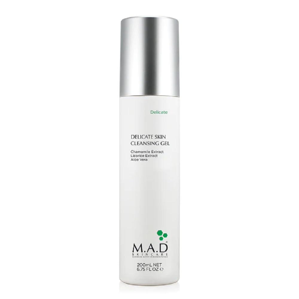 M.A.D Skincare cleansing gel front packaging shows gentle formula and 6.75 oz size, soothing benefits